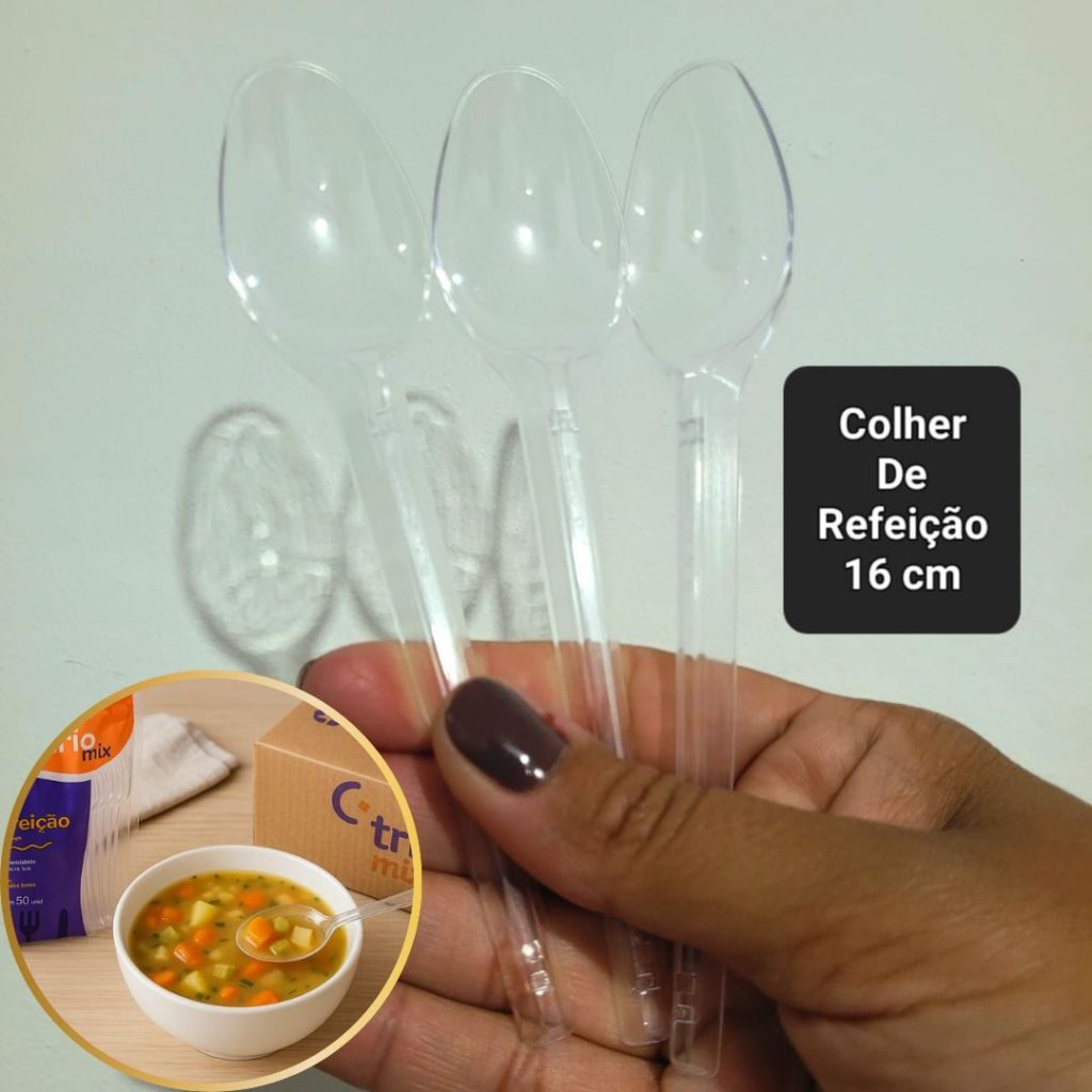 200 - Colher de Refeição Descartável Cristal Para Sopa Caldo Sorvete Açaí Cristal 16cm