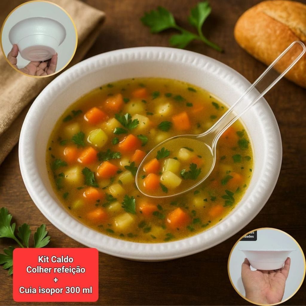 Kit Caldo - 100 Cumbucas de Isopor 300 ml + 100 Colheres Refeição