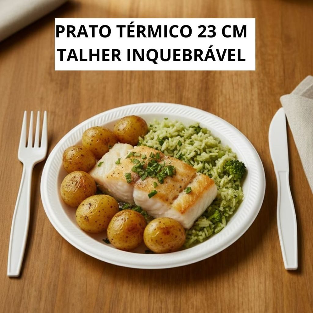 Kit Refeição Descartável Prato Isopor 23cm + Garfo Faca Branco Inquebrável Reforçado p/ Festas