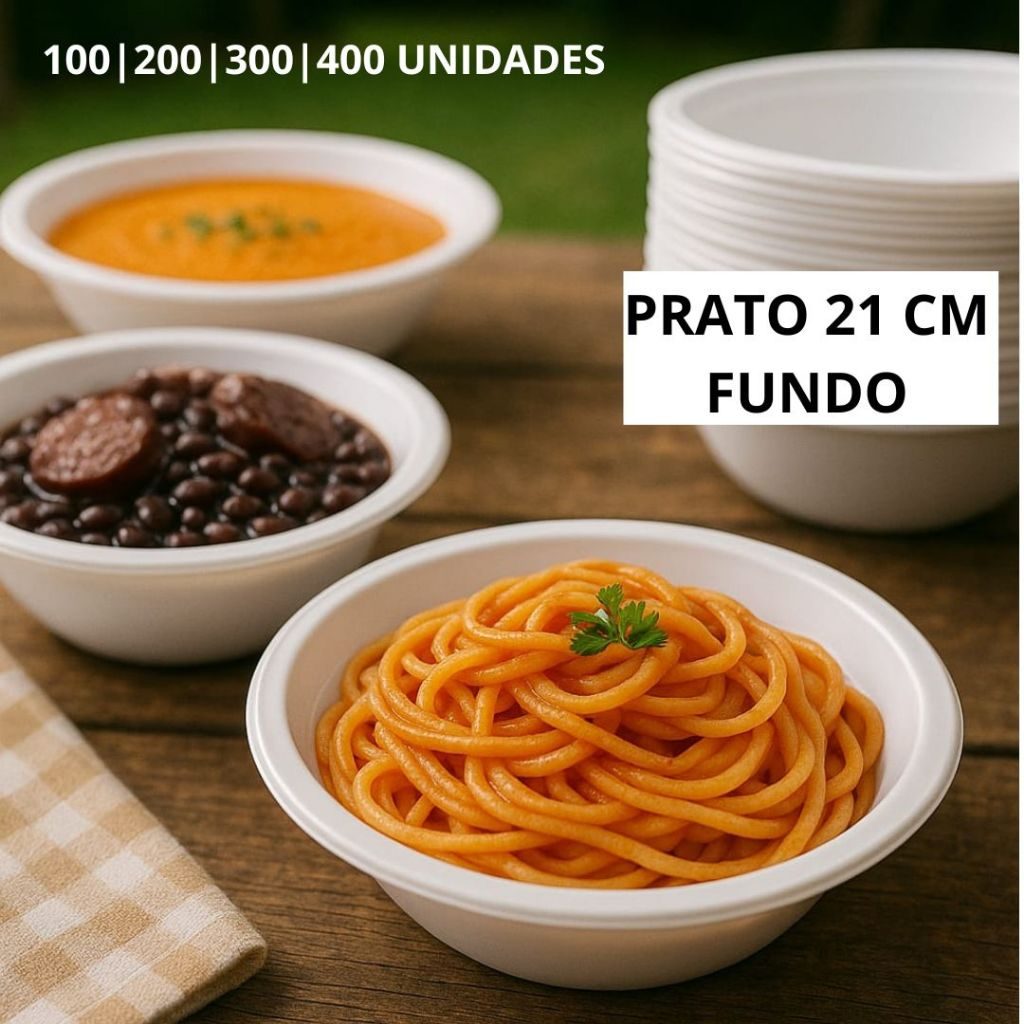Prato Fundo 21cm CopoPlast Descartável PS Branco Festa Eventos Sopa Massas Churrasco 100 unidades