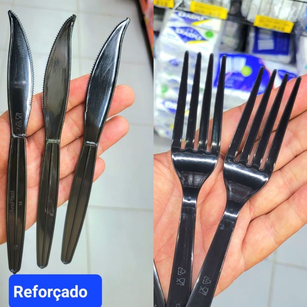 Kit Talher Refeição Preto Forte Descartável Churrasco Reforçado Garfo Faca 100 200 300 Unidades