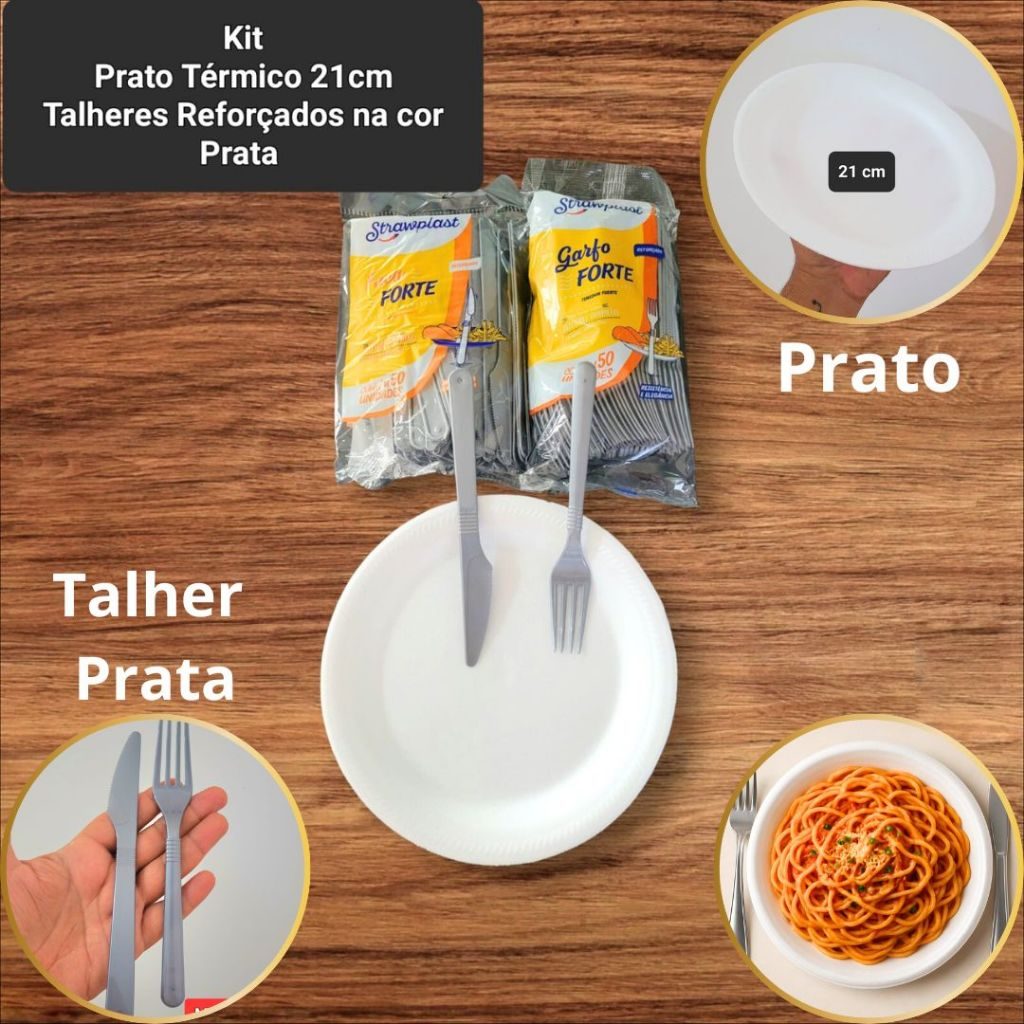 Kit Pratos Térmico Descartável Refeição 21 cm Com Jogo De Talher Reforçado Prata Luxo 50 Unidades