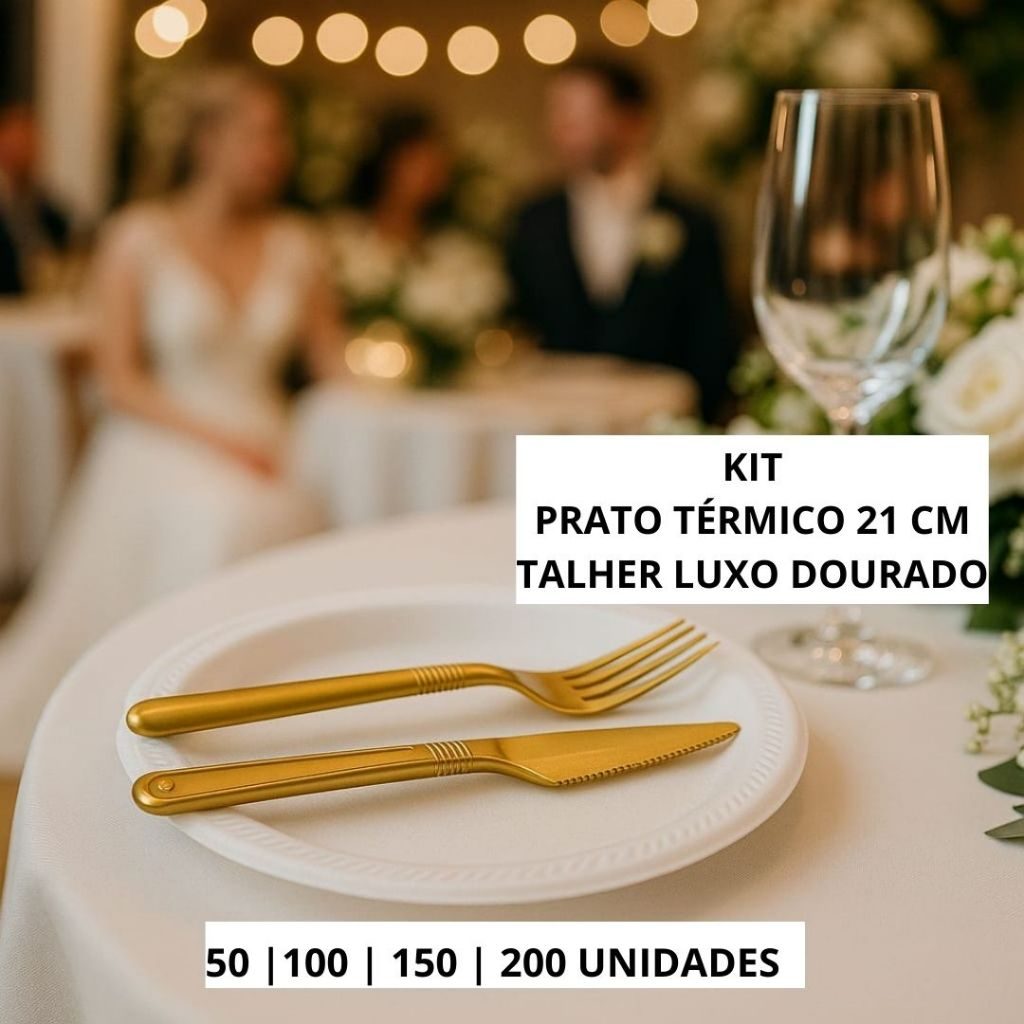 Kit Festa - Prato Isopor 21 cm + Talheres Dourados Reforçados Descartáveis Refeição Churrasco