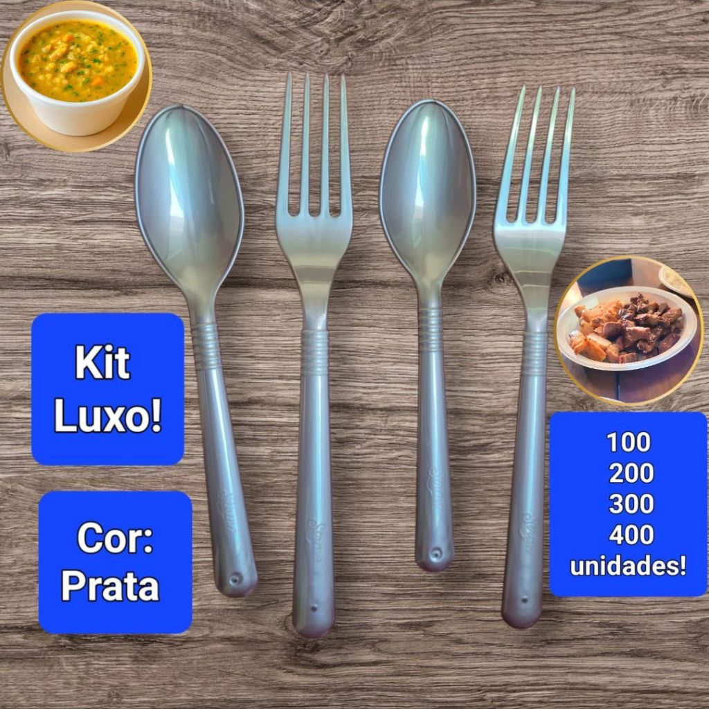 Kit Talher Refeição Forte Descartável Prata Churrasco Sopa Garfo + Colher 100 200 300 400 Unidades