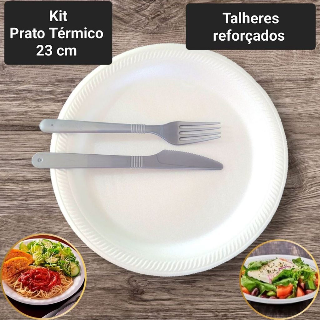 Kit Prato Térmico Descartável Refeição 23cm E Talher Reforçado Prata Luxo 50 100 200 Unidades