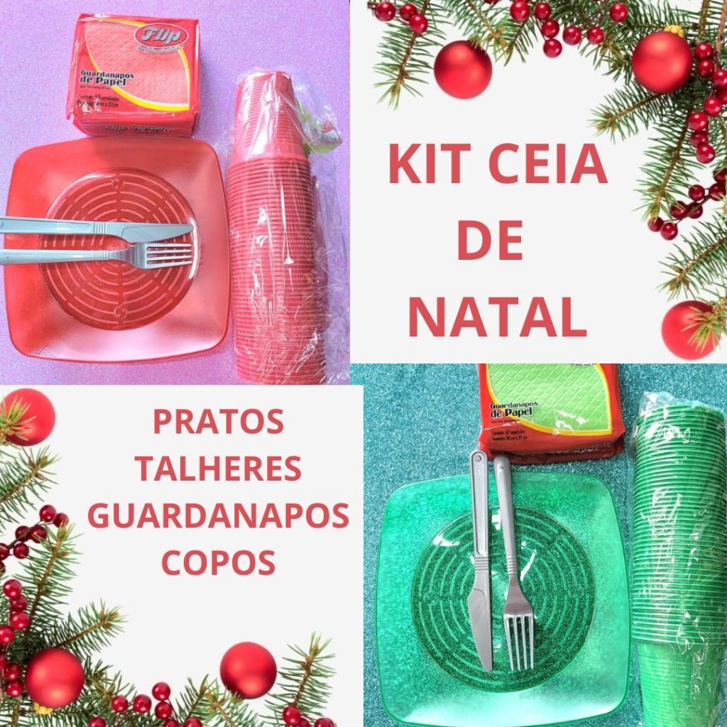 Kit Festa Descartável Natal Refeição Ceia Prato Resistente 22 cm Garfo Faca Guardanapo Copo