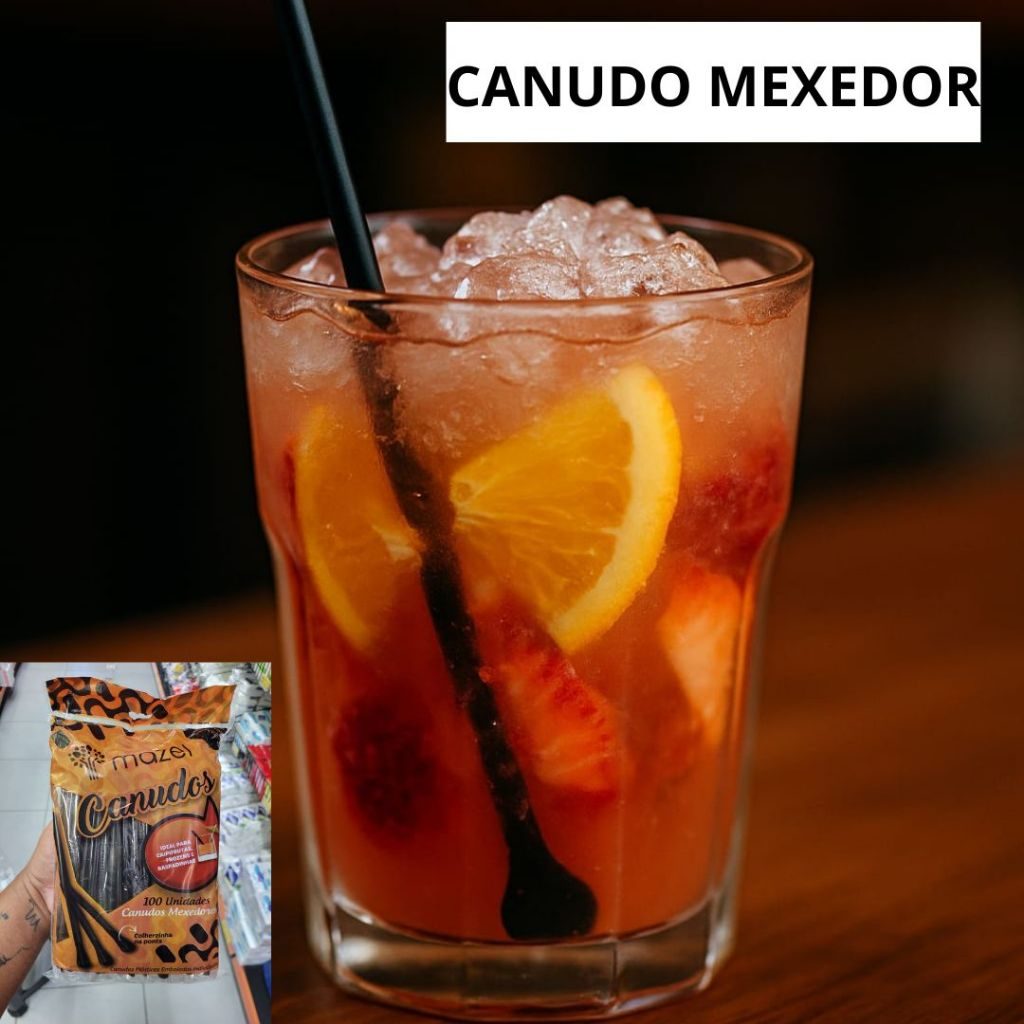 Canudo com Colher Mexedor Suco Drink Preto Caipirinha 100 Unidades